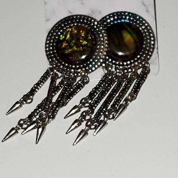 Women's Dangle Post Back Pierced Earrings Silver Tone Chain Abalone Cabachon - Picture 1 of 7